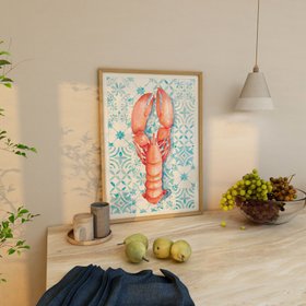 Lobster Print on Blue Mediterranean Tiles - Kitchen Art - Natural Frame