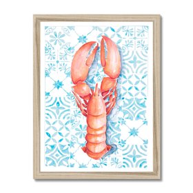 Lobster Print on Blue Mediterranean Tiles - Kitchen Art - Natural Frame