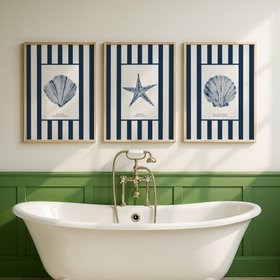 Set of Three Watercolour Shell Prints on Navy Stripe - Natural Framed