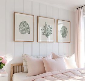 Set of Three Sage Green Coral and Shell Art Prints  - Natural Frames