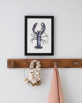 Blue Lobster Print | Coastal Kitchen Wall Art - Black Framed