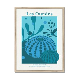 Les Oursins - Blue Sea Urchin Art Print - Coastal Wall Art - Natural Frame
