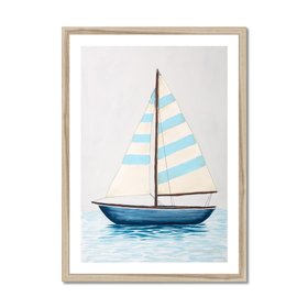 Blue Stripe Sailing Boat Painting - Natural Frame