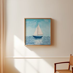 Blue Horizon Sailing Boat Painting - Natural Frame