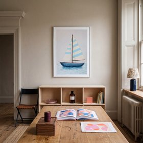 Blue Stripe Sailing Boat Painting - Natural Frame