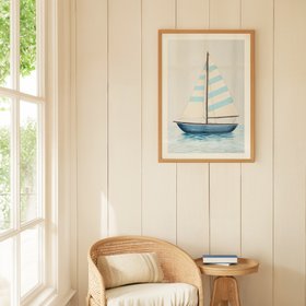 Blue Stripe Sailing Boat Painting - Natural Frame