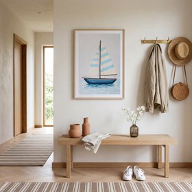 Blue Stripe Sailing Boat Painting - Natural Frame