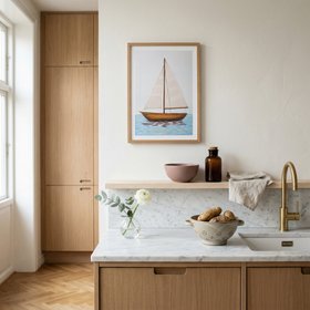 White Sails Boat Painting - Natural Frame