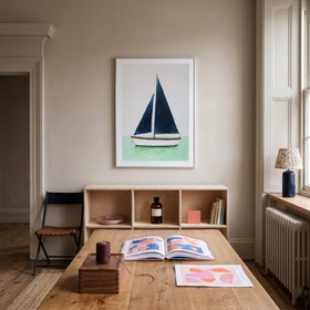 Navy Sails Boat Painting - White Frame