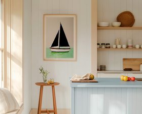 Navy Sails Boat Painting - White Frame