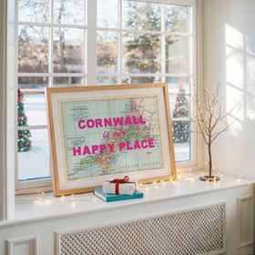 Custom Map Print for Any Location - Personalised Vintage Map Print - Pink Font - Natural Frame