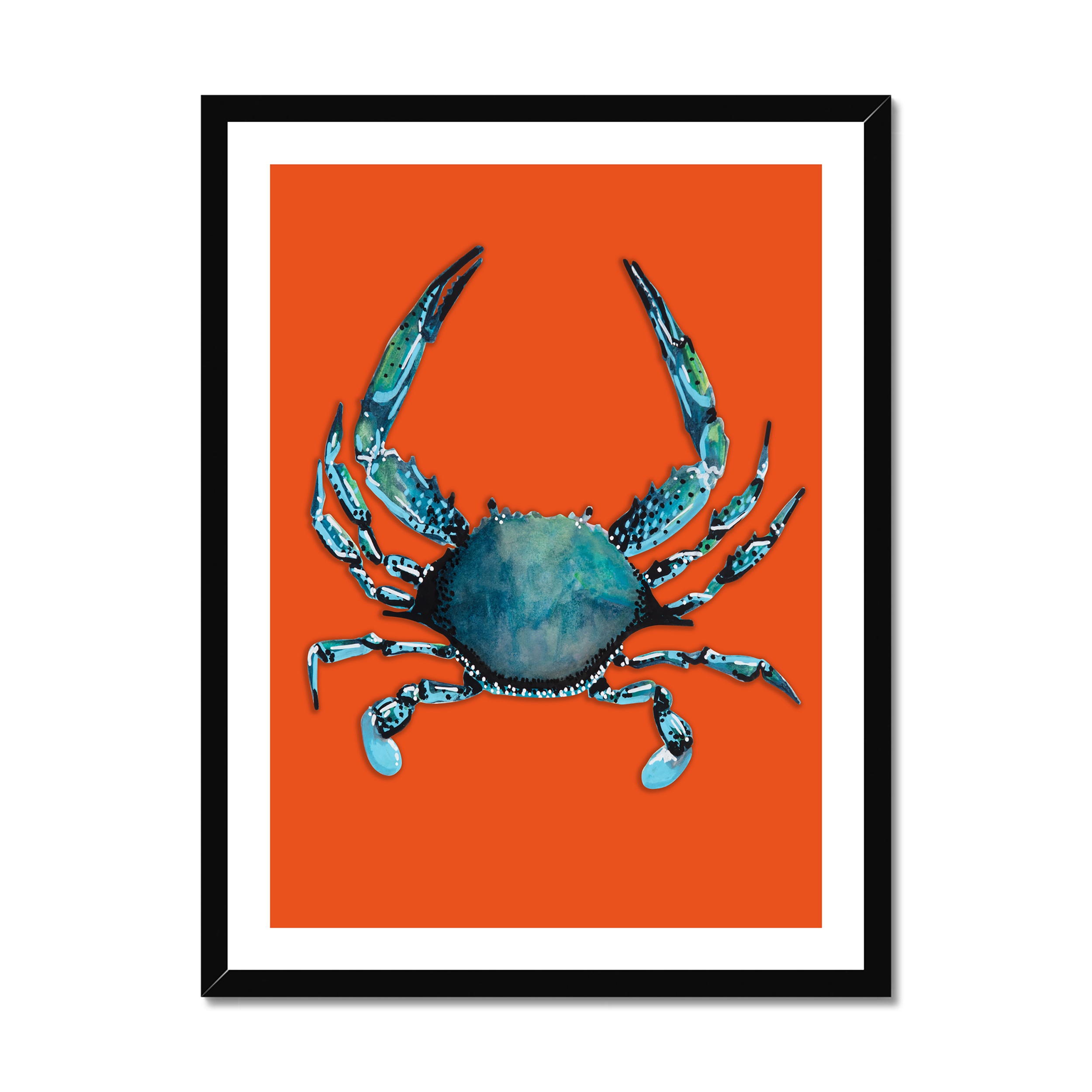 Crab Painting Art Print - Orange Shellfish Wall Art - Beach House Art - Black Frame