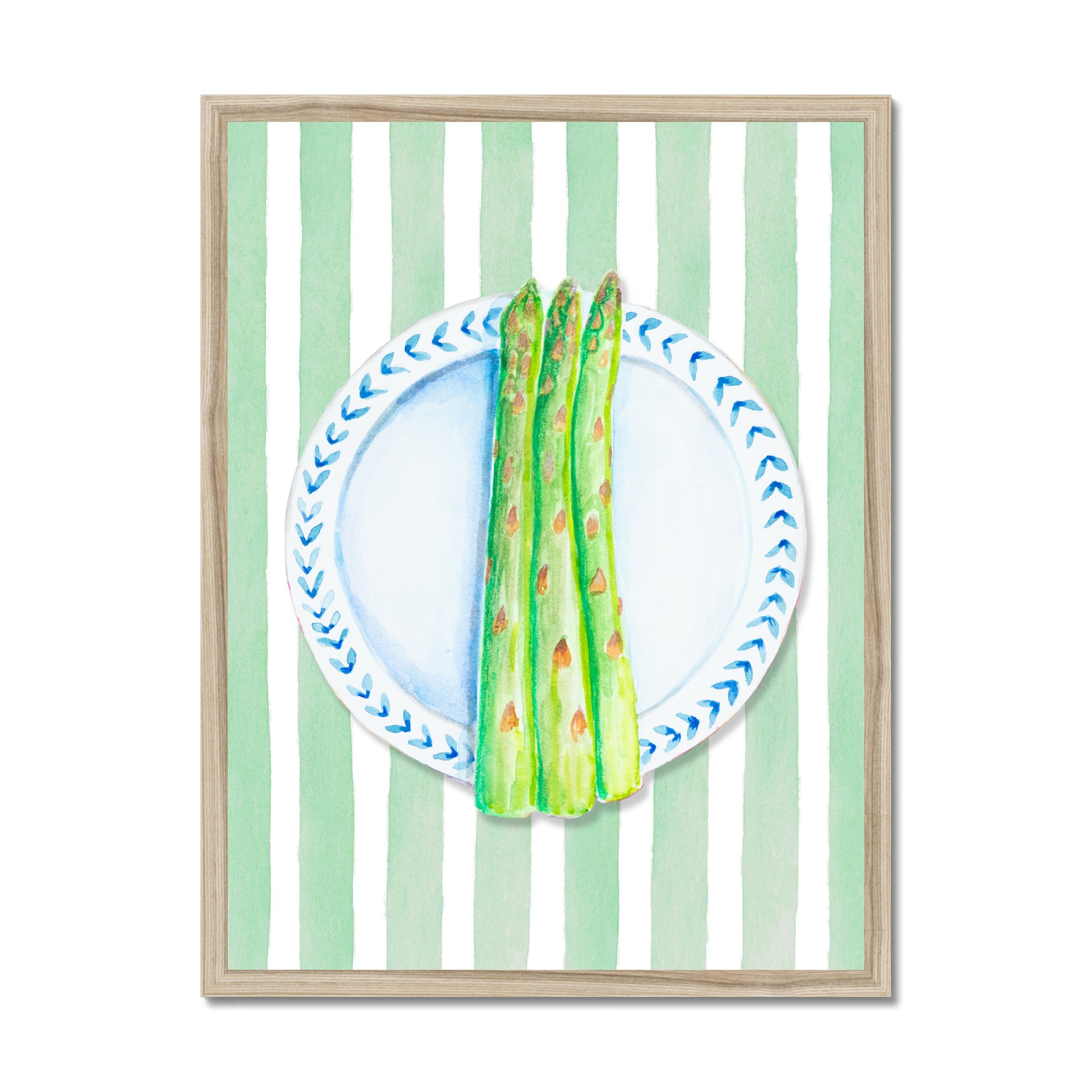Asparagus Painting on Green Stripe - Kitchen Wall Art - Natural Frame