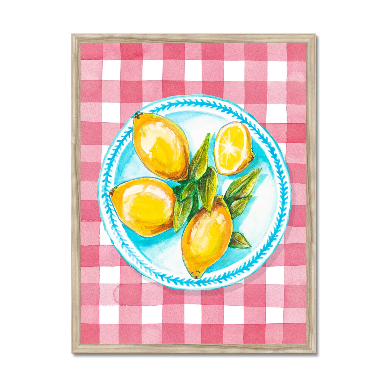 Lemon Painting on Red Gingham - Kitchen Wall Art - Natural Frame