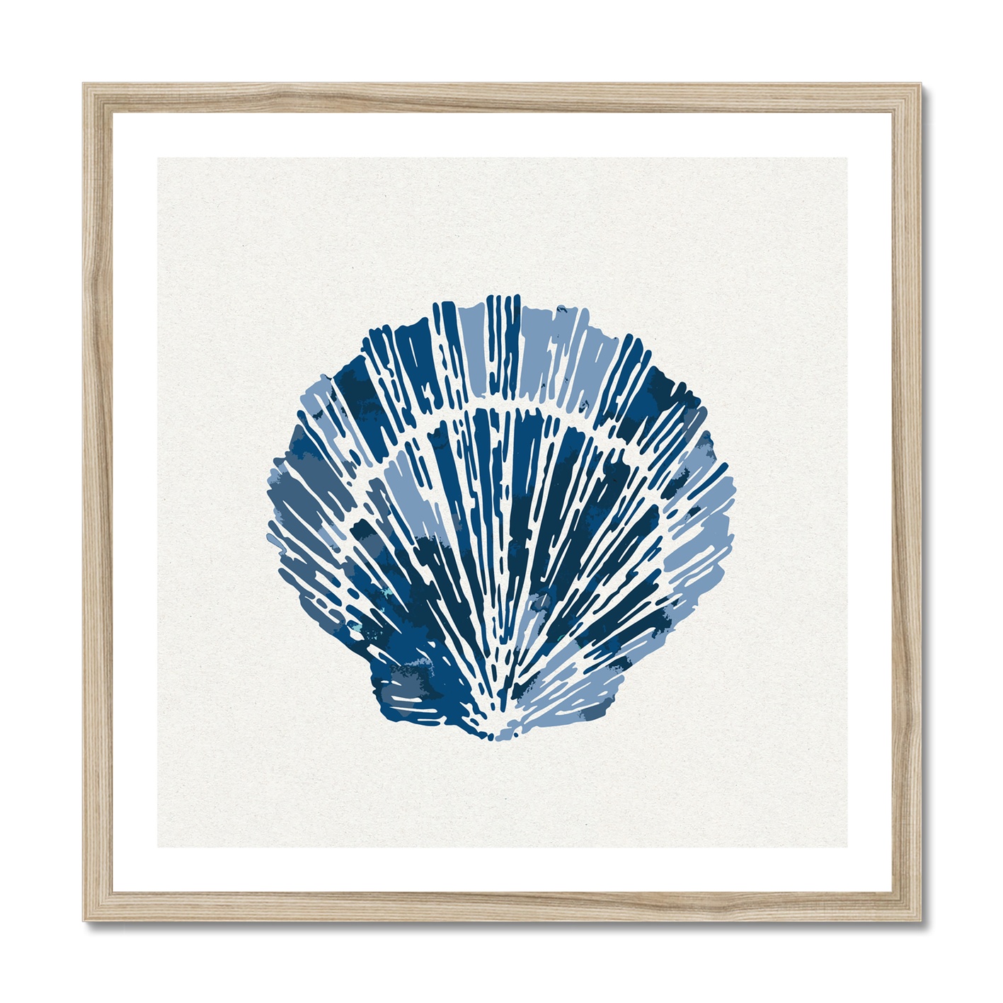 Indigo Scallop  Shell Art Print - Watercolour Shell Art - Natural Frame