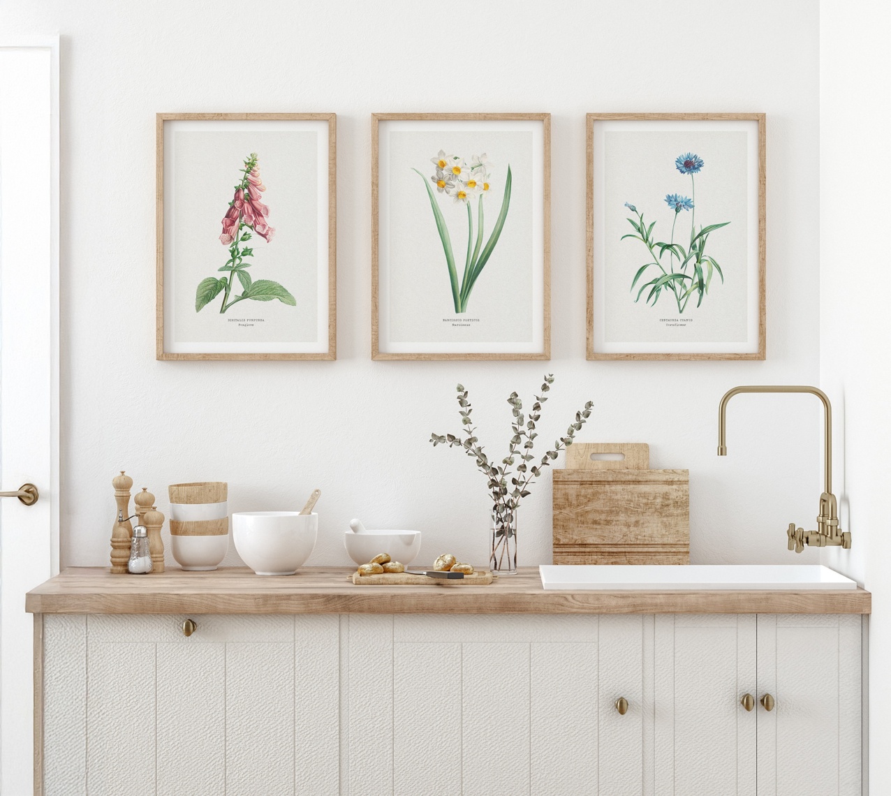 Set of Three Vintage Flower Prints - Vintage Botanical Prints - Natural Frame