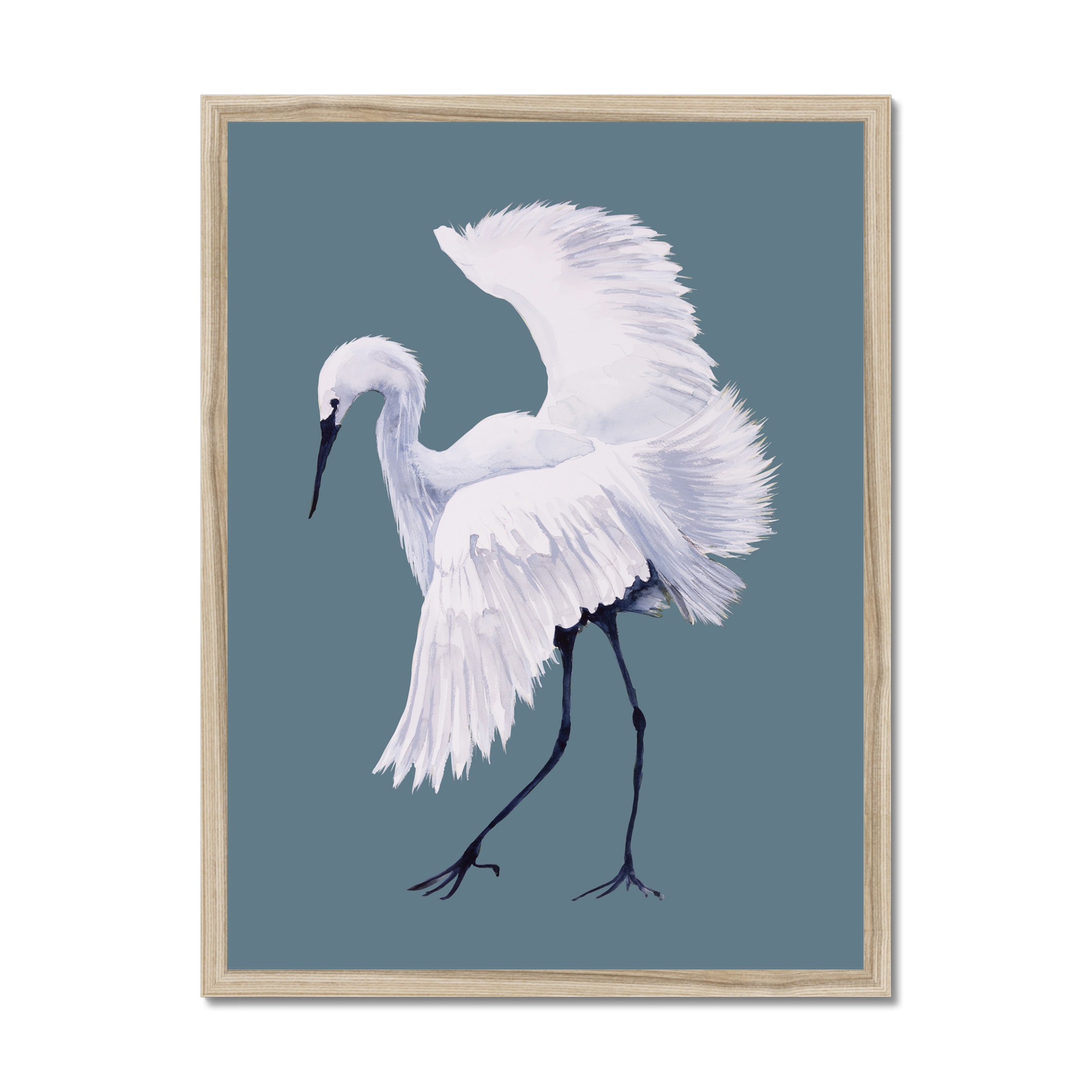 White Egret Dancing - Stone Blue - Bird Art Print - Natural Frame