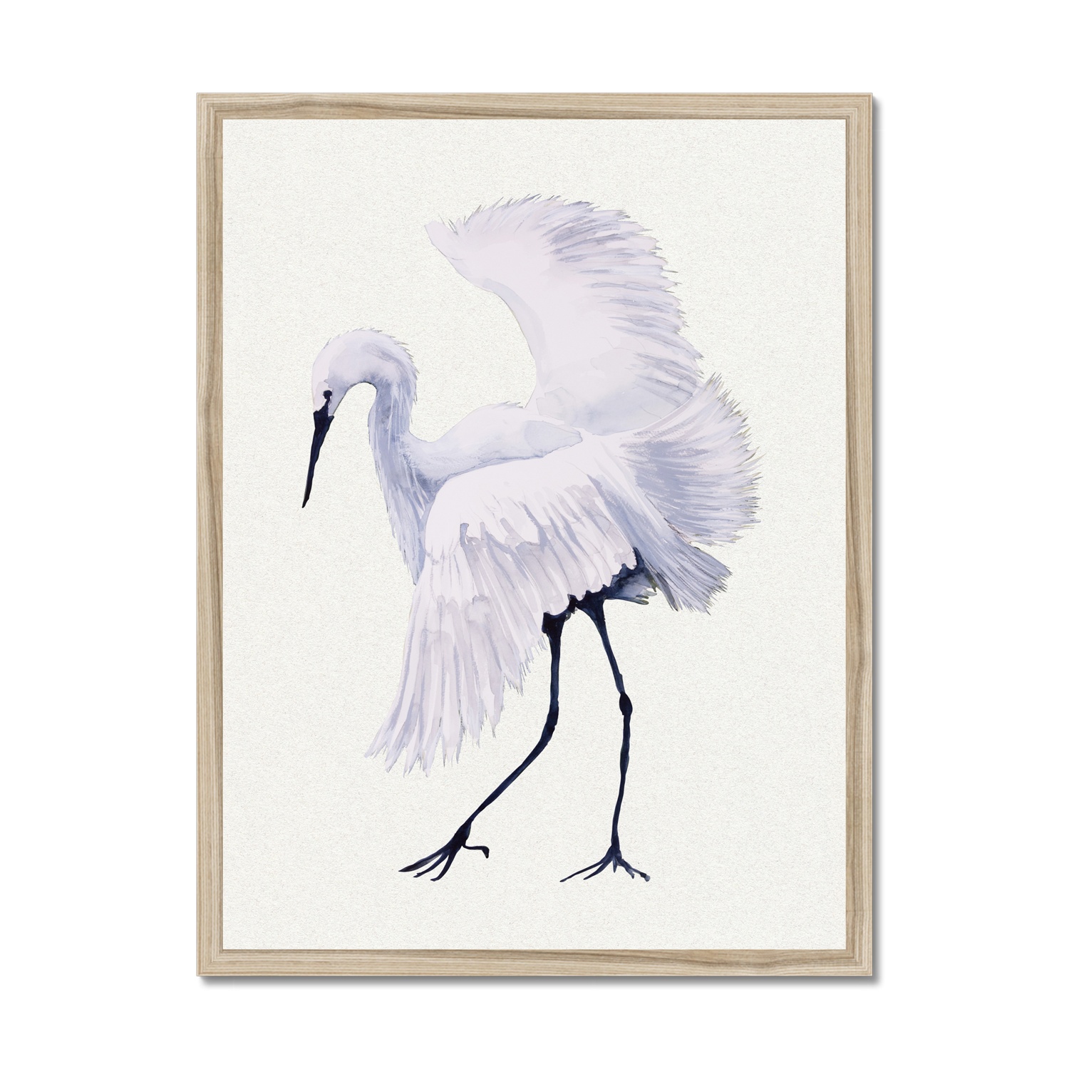 White Egret Dancing - Natural - Bird Art Print - Natural Frame