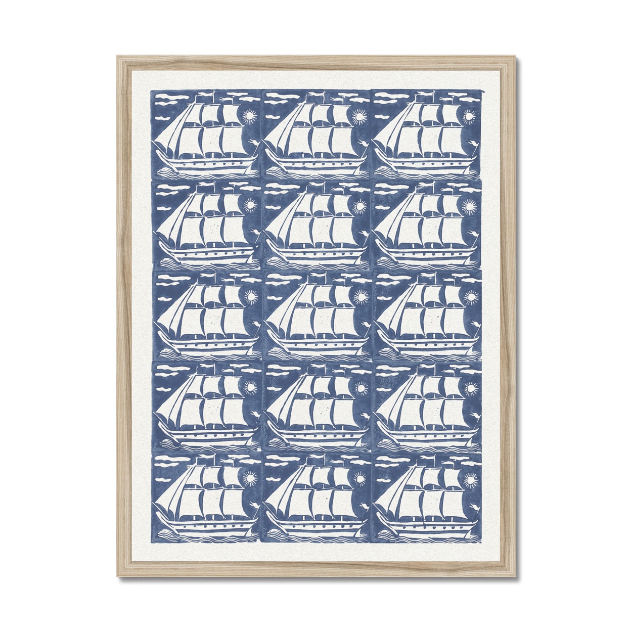 Vintage Ship Art - Blue & White Folk Ship Pattern Print -  Natural Frame