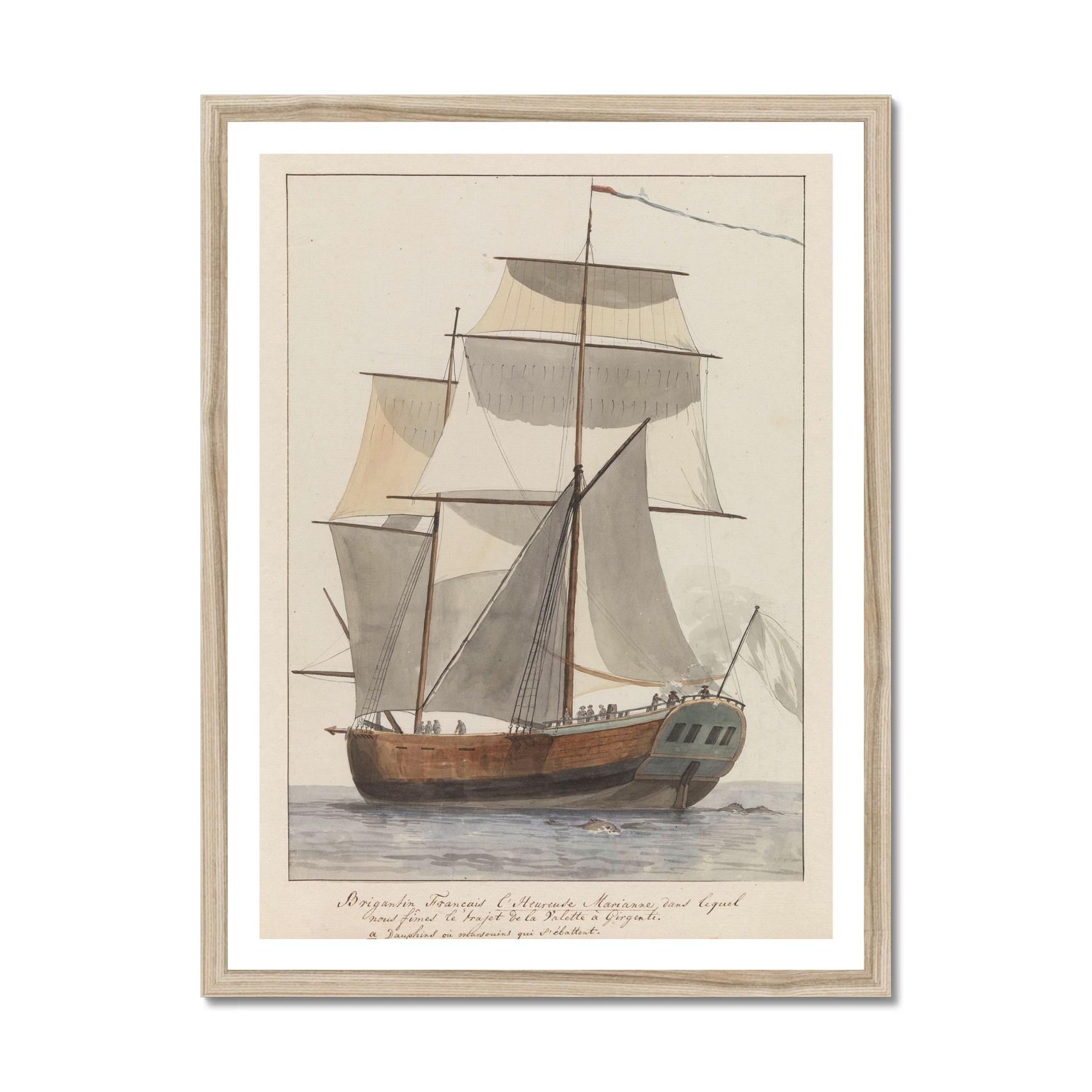 Vintage Ship Print - Sailing Yacht Art Print - Natural Frame