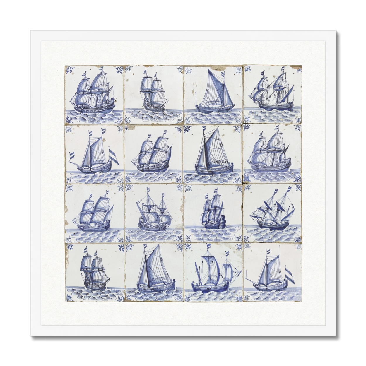 Vintage Ship Art - Vintage Delft-style Ship Tile Print - White Frame