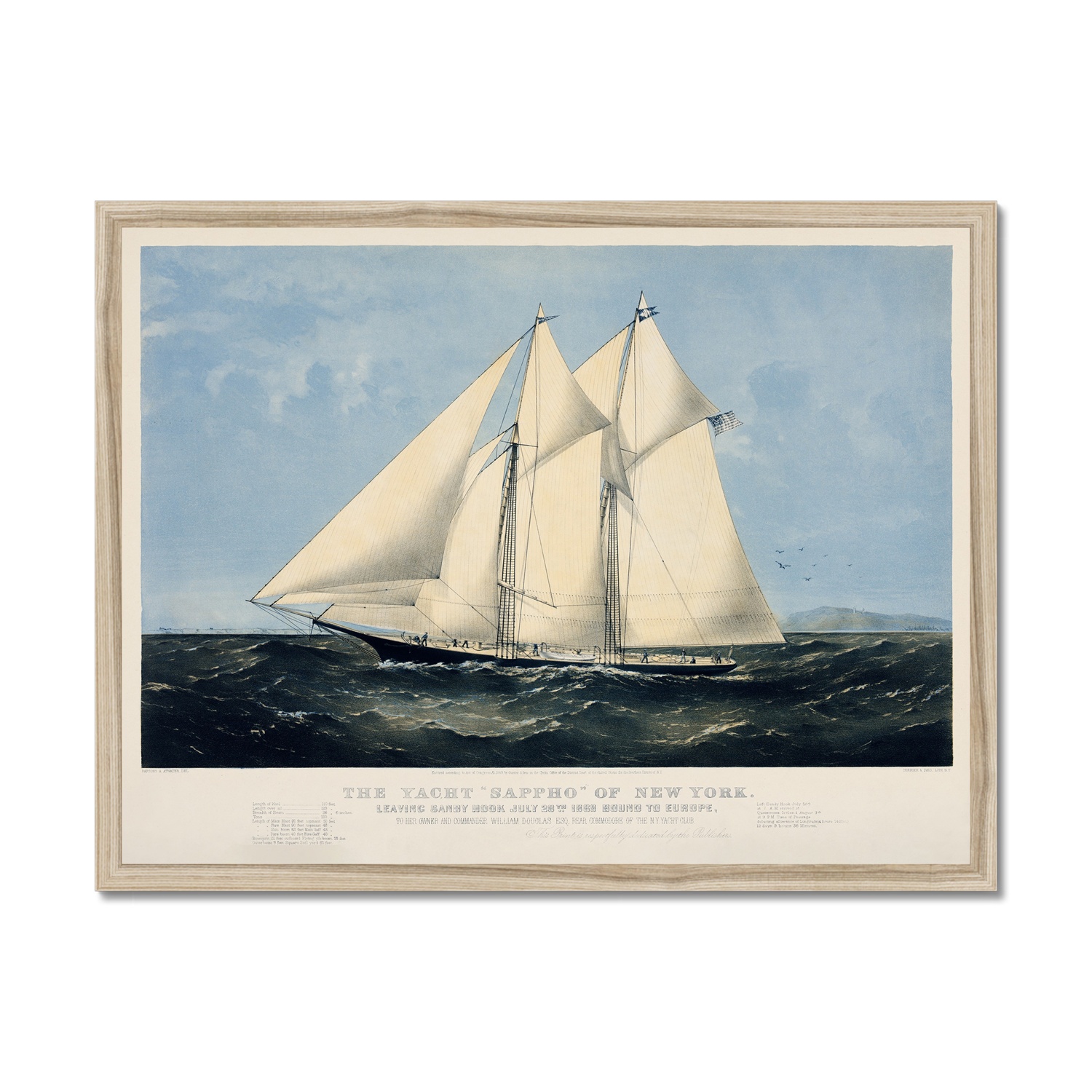 Vintage Ship Print - Sappho Sailing Yacht Art Print - Natural Frame