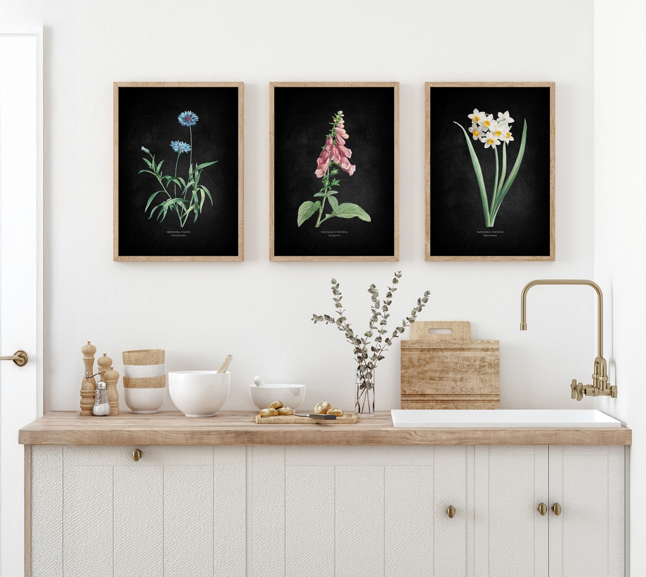 Foxglove - Botanical Art Vintage Flower Print - Black - Natural Framed