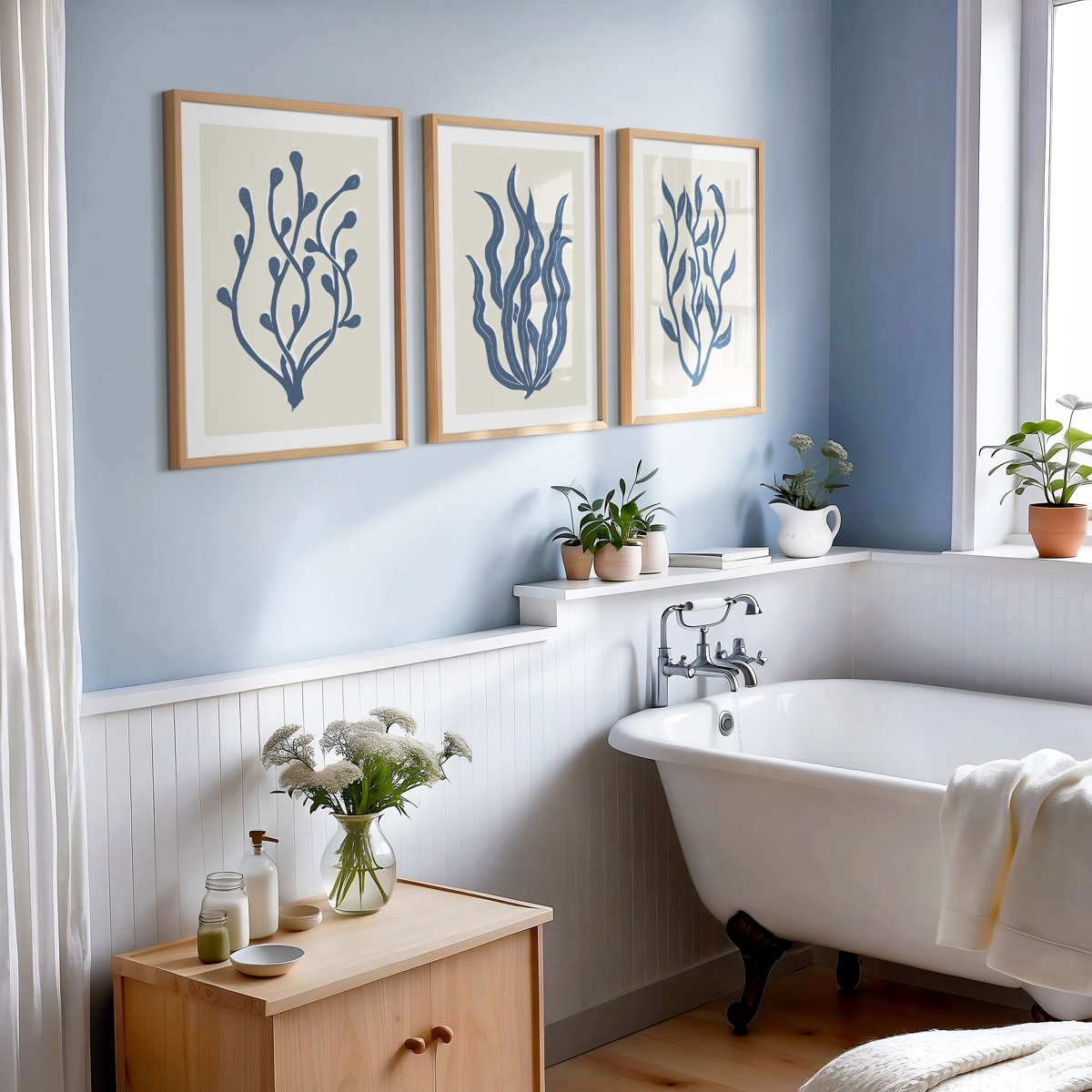 Set of Three Abstract Indigo Lino Cut Seaweed Prints - Natural Frame