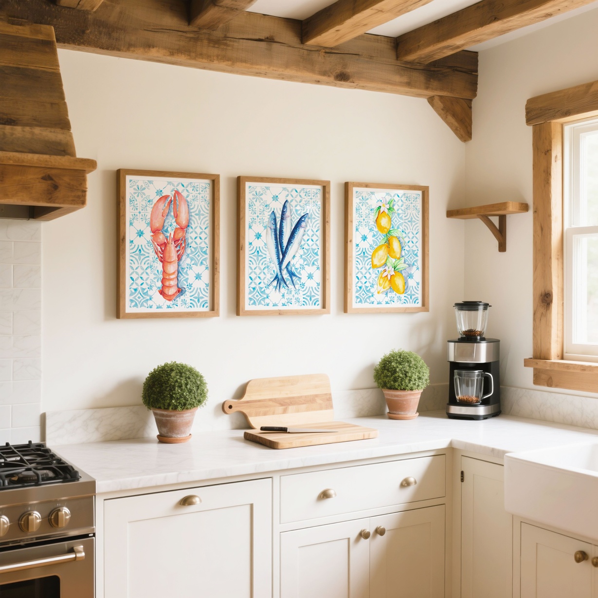 Set of Three Mediterranean Kitchen Prints - Lobster, Lemon & Sardines on Tiles- Natural Frame