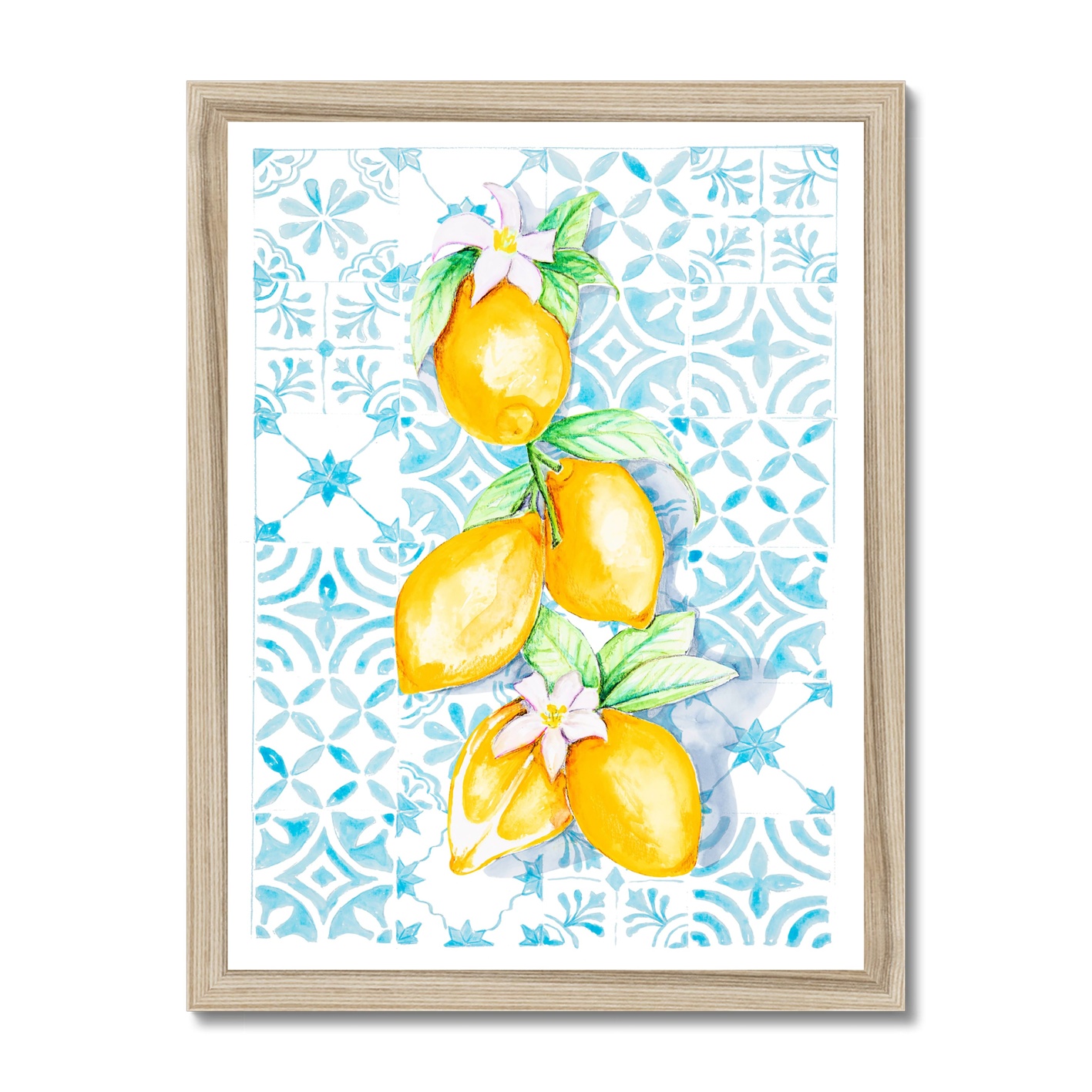 Lemon Print on Blue Mediterranean Tiles - Kitchen Art - Natural Frame