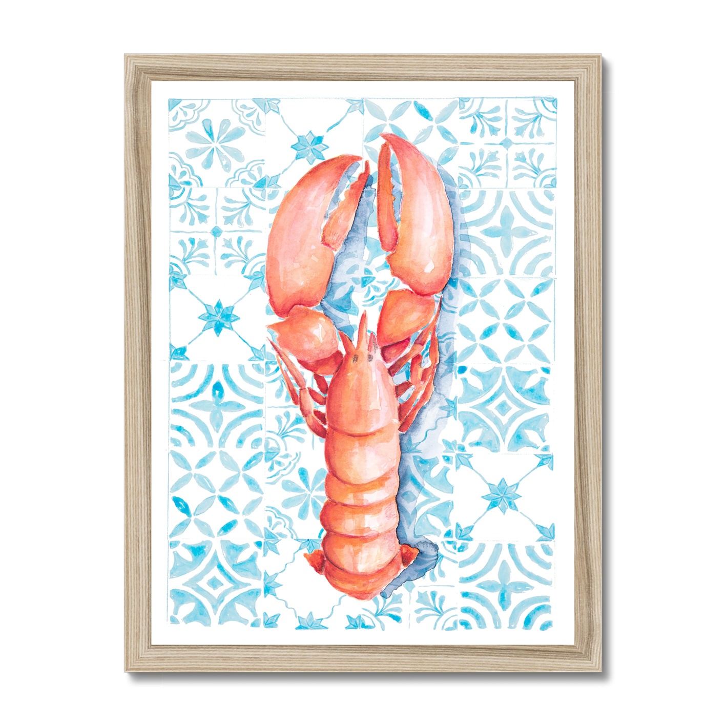 Lobster Print on Blue Mediterranean Tiles - Kitchen Art - Natural Frame