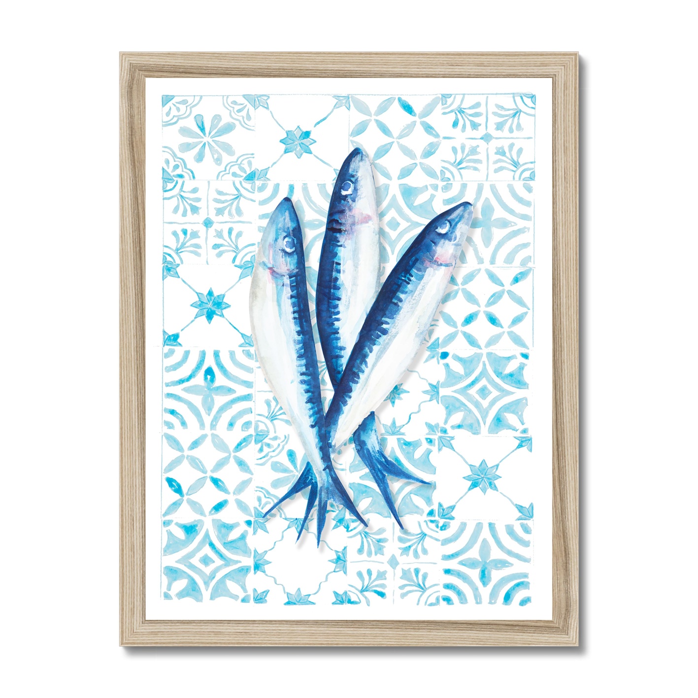 Sardine Print on Blue Mediterranean Tiles - Kitchen Art - Natural Frame