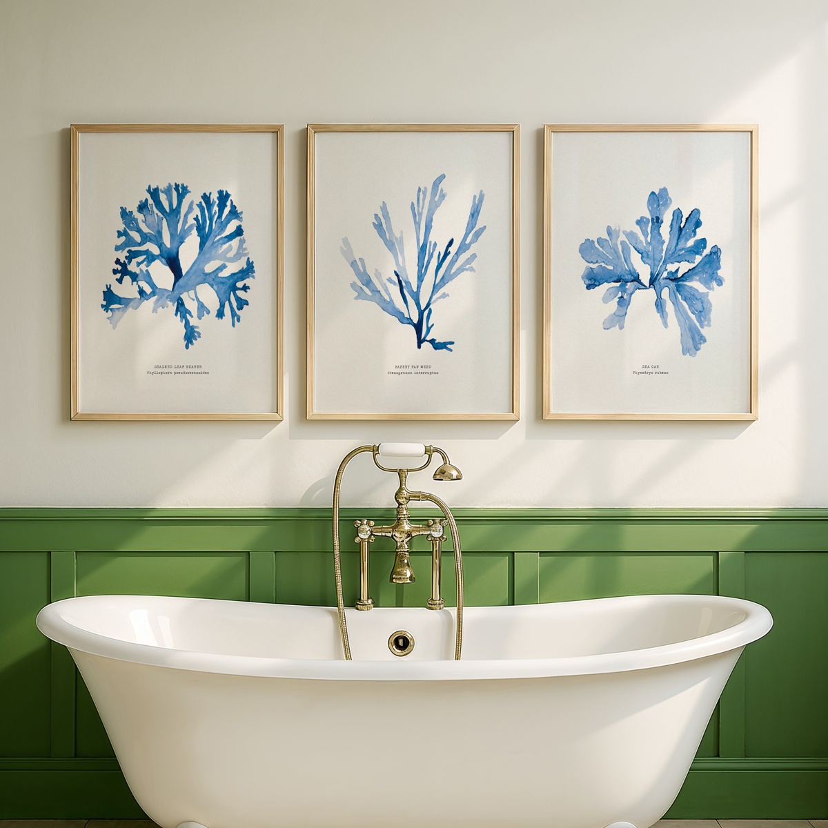 Set of 3 Indigo Seaweed Paintings - Seaweed Art Prints - Natural Frame