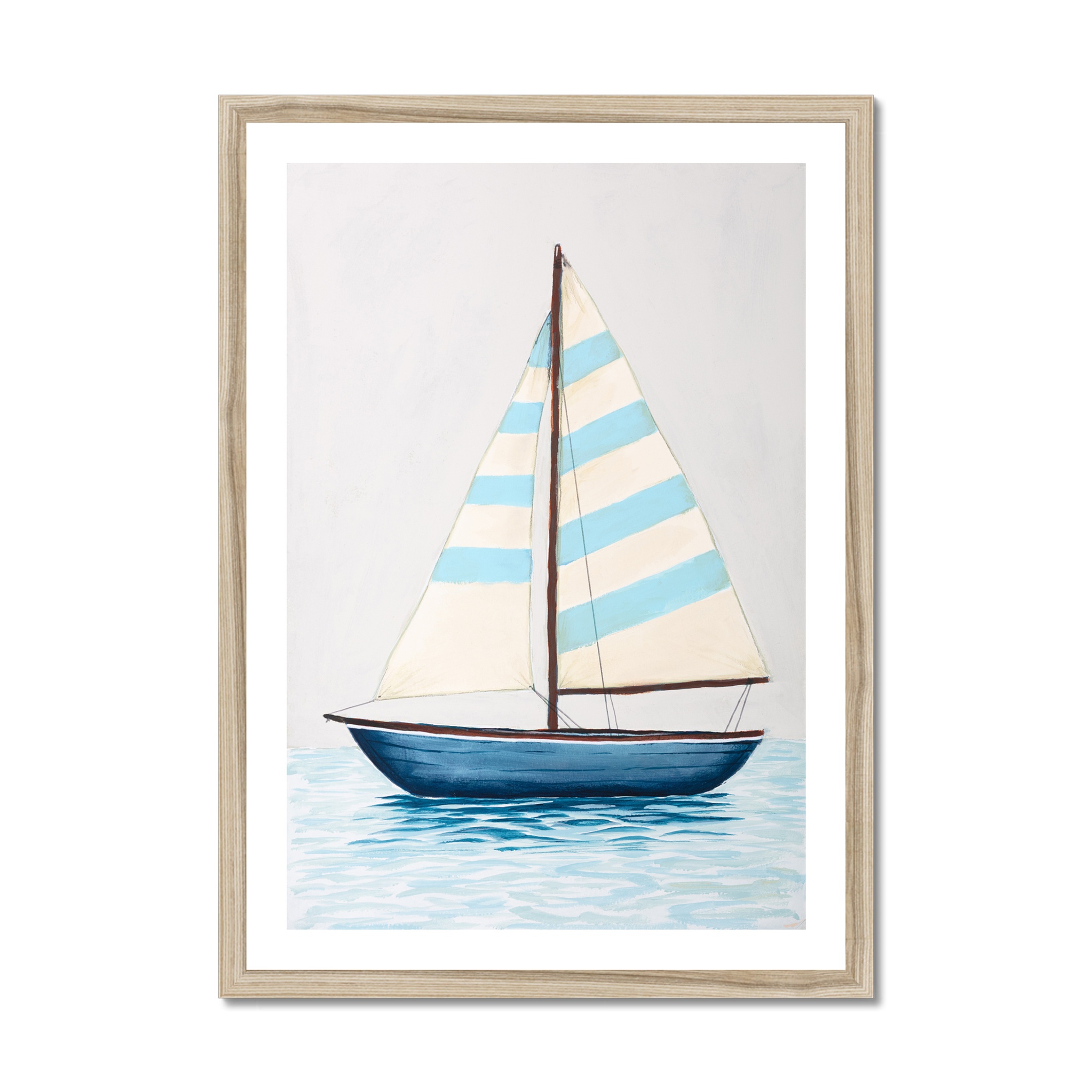 Blue Stripe Sailing Boat Painting - Natural Frame