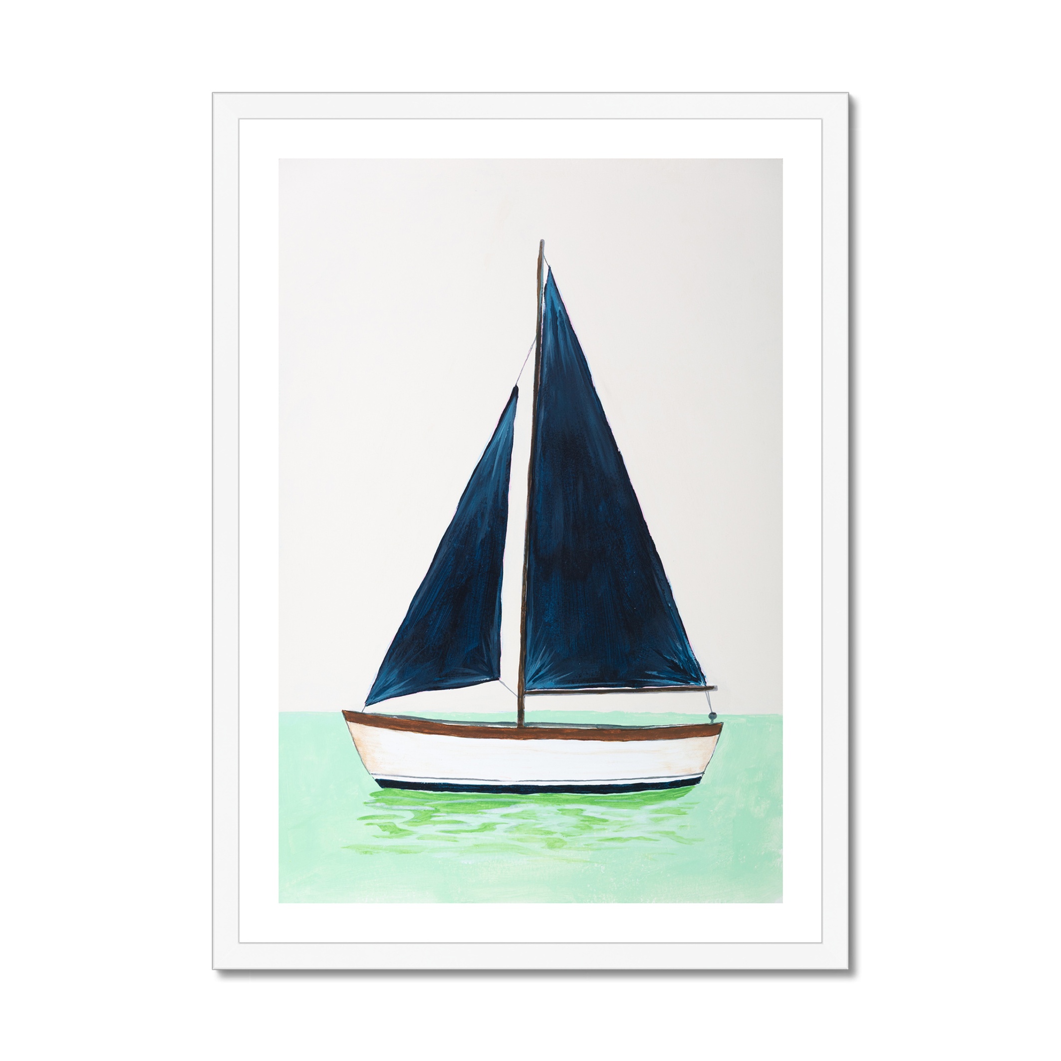 Navy Sails Boat Painting - White Frame