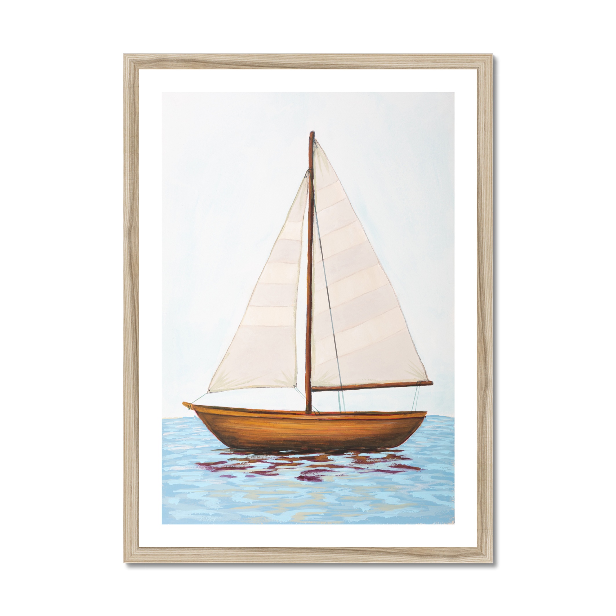 White Sails Boat Painting - Natural Frame