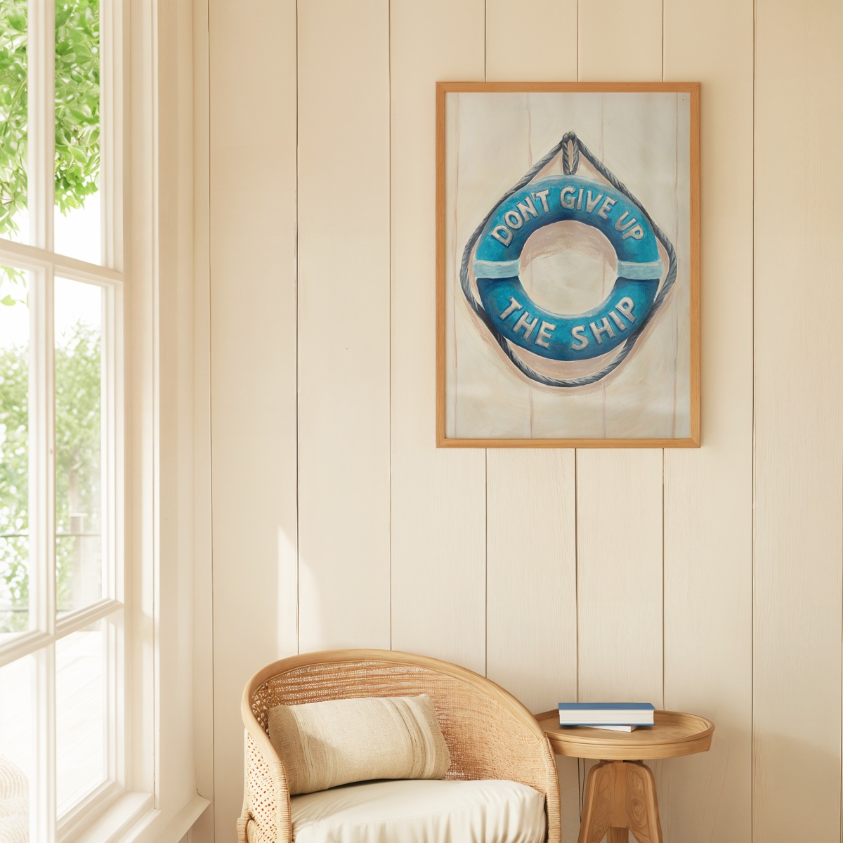 Don’t Give Up The Ship Life Buoy Painting - Natural Frame
