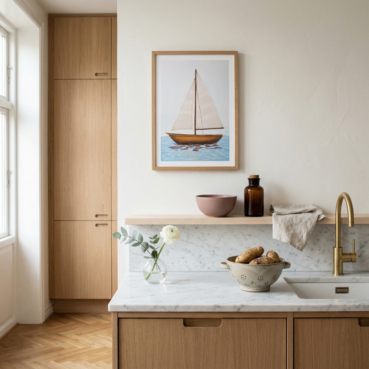 White Sails Boat Painting - Natural Frame