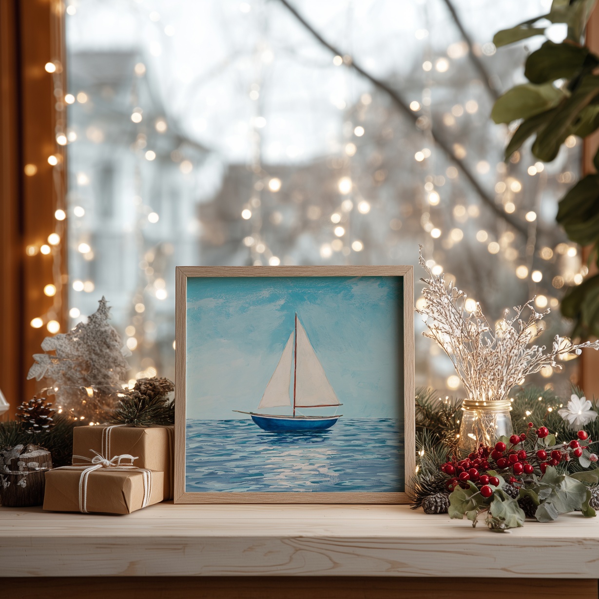 Blue Horizon Sailing Boat Painting  - Natural Frame