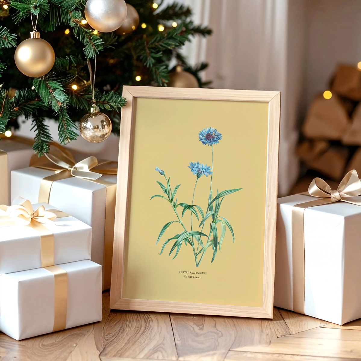 Cornflower - Botanical Art Vintage Flower Print - Yellow Sand - Natural Framed