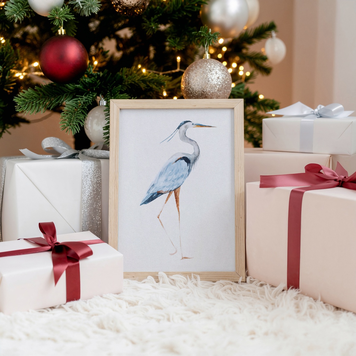 Heron Walking Print - Vintage Bird Art - Natural Frame