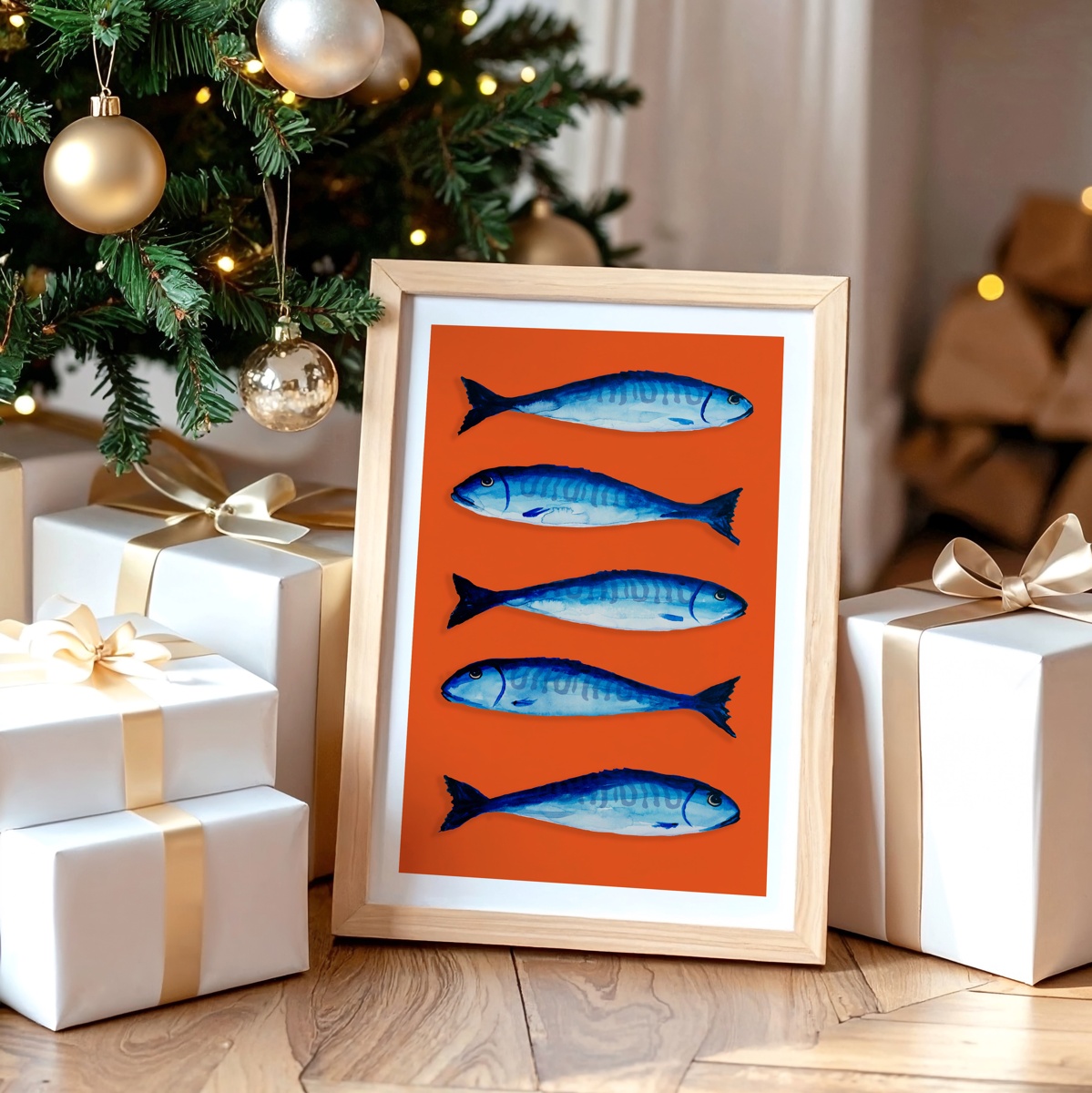 Mackerel Fish Print (Orange) - Natural Framed