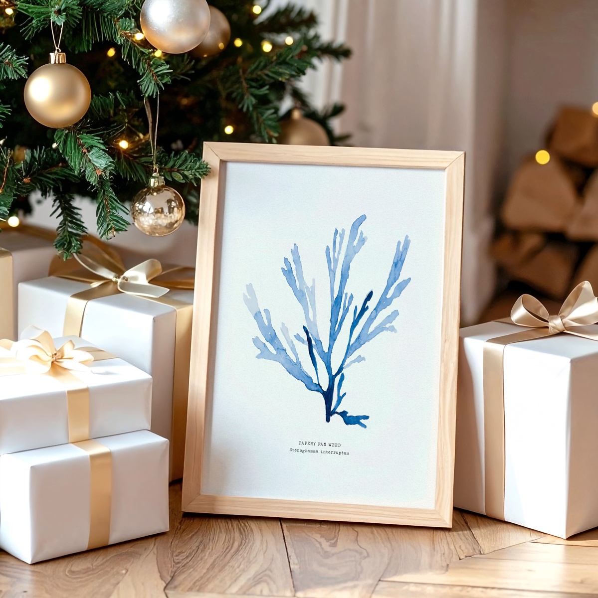 Indigo Seaweed Print - Seaweed Art (Papery Fan Weed) - Natural Frame
