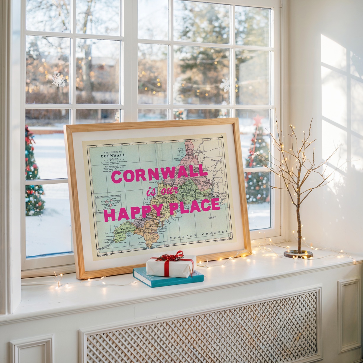 Custom Map Print for Any Location - Personalised Vintage Map Print - Pink Font - Natural Frame