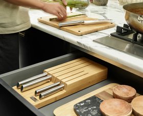 Joseph Joseph Elevate™ Steel Knife Set With In Drawer Bamboo Storage Tray Lifestyle £135 Josephjoseph.com