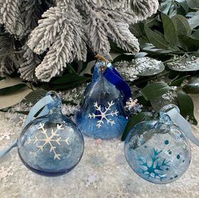 Dark Blue Glass Bell with White Snowflake, Ice Blue Glass Bauble with White Snowflake and Ice Blue glass bauble with Blue Snowflake