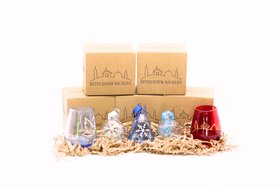 Red Tea Light with Gold Bethlehem Skyline, Ice Blue Glass Bauble with White Snowflake, Dark Blue Glass Bell with White Snowflake, Ice Blue glass bauble with Blue Snowflake and Red Tea Light with Gold Bethlehem Skyline