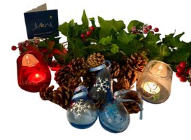 Dark Blue Glass Bell with White Snowflake, Ice Blue Glass Bauble with White Snowflake, Ice Blue glass bauble with Blue Snowflake and Red Tea Light with Gold Bethlehem Skyline