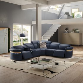 Voltana Corner Power Recliner Sofa with Left Facing Console, Manual Head Tilt, LEDs & Gold Trim. Blue 100% Genuine Leather