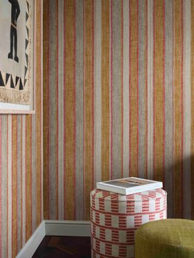 FERMOIE AUTUMN 25 WALLPAPER YELLOW CARSKIEY BROAD STRIPE WPCARS 009 CYLINDER STOOL COVE 004 STOOL N 122 LIFESTYLE MED